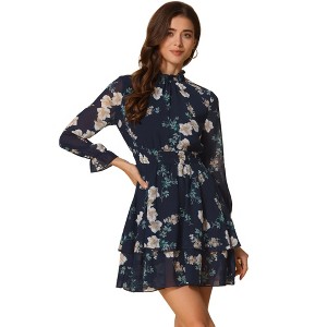 INSPIRE CHIC Women's Floral Long Sleeve Mock Neck Ruffle Layered Smocked Mini Dress - 1 of 4