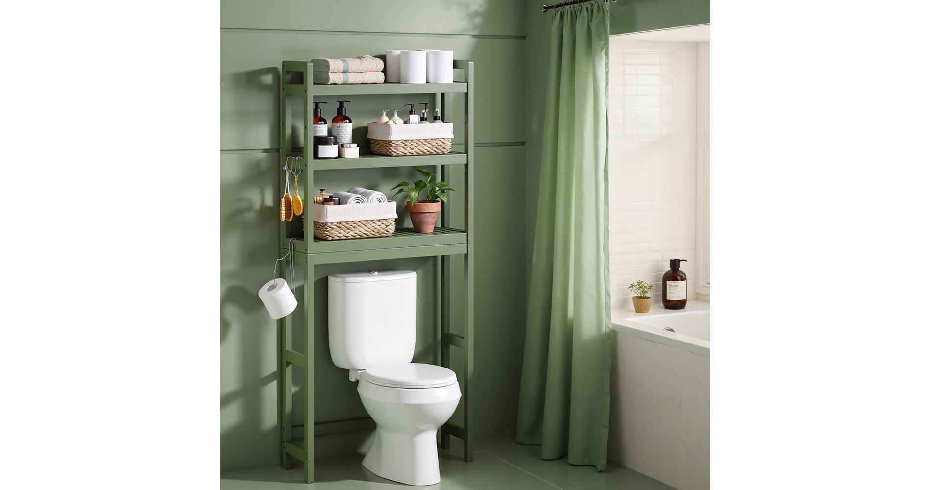 LEDREM Over the Toilet Storage, 3-Tier Over Toilet Bathroom Organizer with Adjustable Shelf, Fit Most Toilets, Space-Saving, Green