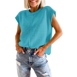 Womens Cap Sleeve Sweater Vest Crew Neck Knit Sleeveless Tank Tops Casual Lightweight Pullover Sweaters - 1 of 2