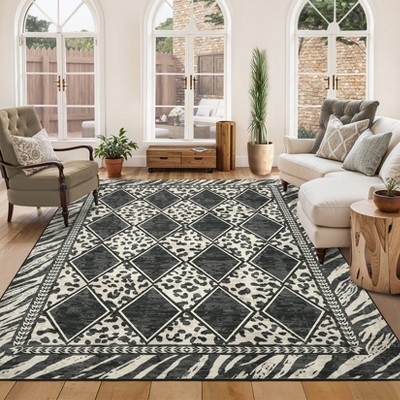 Checkered Area Rugs for Living Room Washable, Soft Low Pile Non-Slip Leopard Print Indoor Carpet Rugs for Entryway Bedroom Dining Room