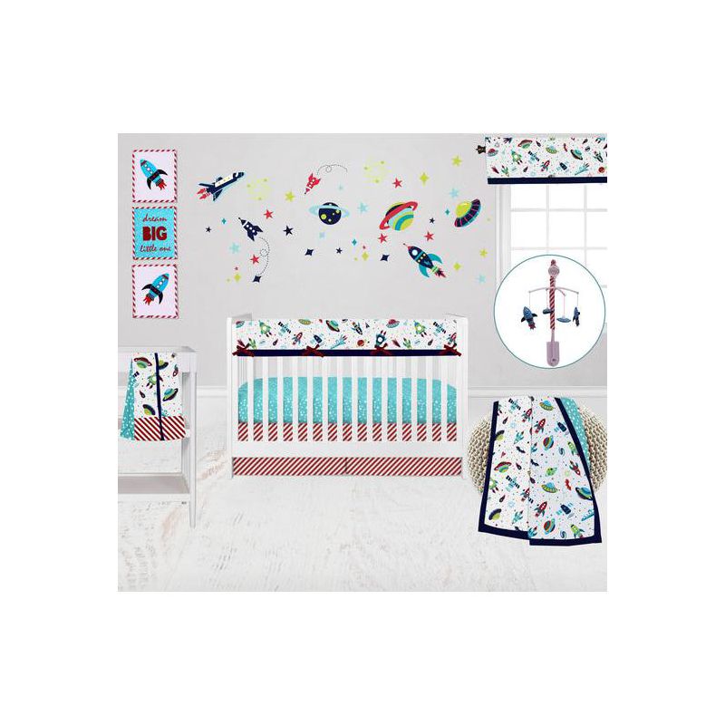 Bacati - Airspace Aqua Navy Green Red 10 pc Crib Bedding Set with Long Rail Guard Cover, 1 of 12