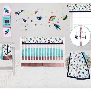 Bacati - Airspace Aqua Navy Green Red 10 pc Crib Bedding Set with Long Rail Guard Cover