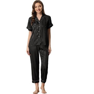 cheibear Women's Satin Button Down Short Sleeve Sleepwear with Long Pants Pajama Set - 1 of 4