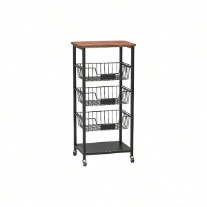 Kitchen Storage Cart with 5 - Tier Baskets, Wood Top, Rolling Snack Cart, Metal Black, Easy to Move, Durable Storage Solution - 1 of 4