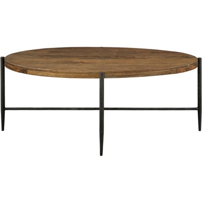 Oval Medium Brown Wood and Metal Coffee Table