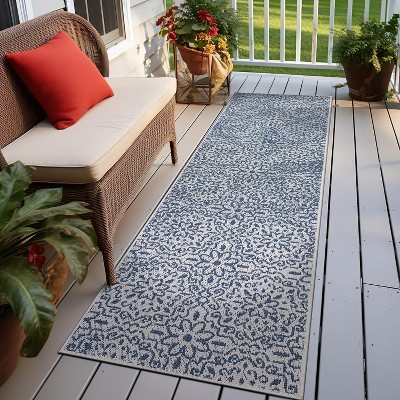 Blue Reversible Synthetic Floral Indoor/Outdoor Runner Rug