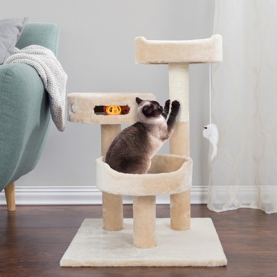 3-Tier Beige and Brown Sisal Cat Tree with Toys