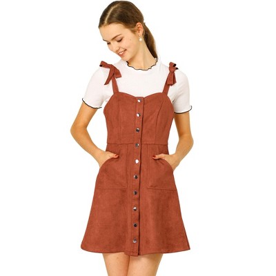 Allegra K Women's Strap Button Down Faux Suede A-Line Mini Overall Dress
