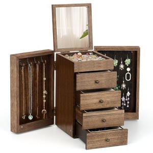 5-Layer Vintage Wooden Jewelry Box with Mirror & 4 Drawers, Torched Finish Organizer for Rings & Necklaces - 1 of 4