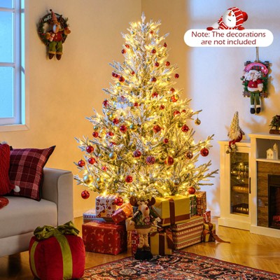 Costway 6/7/8 FT Artificial Christmas Tree with 762/1074/1470 Flocked Branch Tips, 340/450/580 Warm White LED Lights