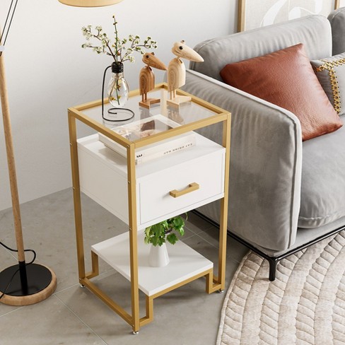 Whizmax Nightstand Set Of 2 Mid Century Modern End Table With Storage Drawer And 3 tier Storage Tempered Glass Top White And Gold Target