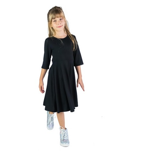 24seven Comfort Apparel Knee Length Fit and Flare Girls Comfortable Party  Dress-Black-S