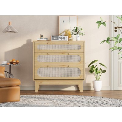 Rattan 3 Different Drawer Dresser for Bedroom,Natural Modern Closet Dresser with Wooden