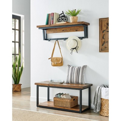 Claremont 43.7" Rustic Dark Brown Wood Bench with Storage Shelf