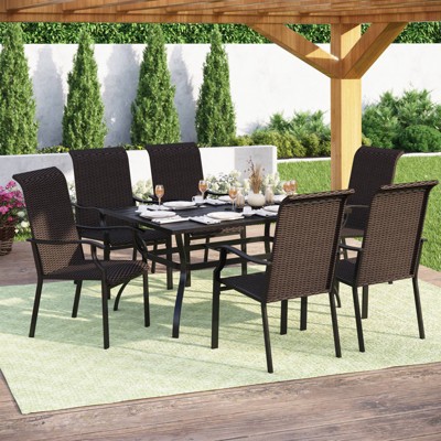 7pc Patio Dining Set with Rattan Arm Chairs & Rectangle Steel Table - Captiva Designs