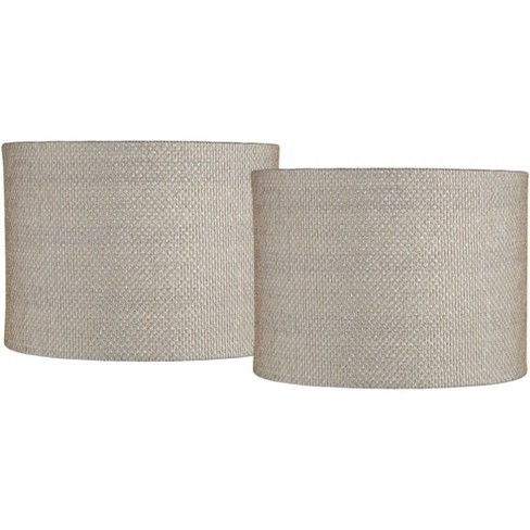 Springcrest Set of 2 Drum Print Lamp Shades Gray Gold Weave Medium 15" Top x 15" Bottom x 10" High Spider Harp and Finial Fitting - image 1 of 4