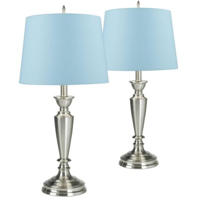 Barnes and Ivy Traditional Table Lamp Set of 2 Brushed Nickel Metal Blue Softback Drum Shade for Living Room Bedroom House Bedside