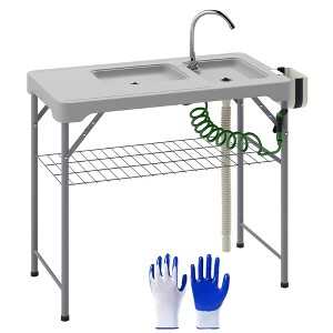 Folding Fish Cleaning Table with Sinks, Portable Camping Sink Table with Faucet, Drainage Hose, Sprayer, Shelf, Drawer and Storage Basket - 1 of 4