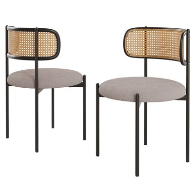 GlasFlength Dining Sets Set of 2, Modern Dining Chairs with Natural Rattan Backrest, Accent Kitchen Chairs with Metal Legs, Gray, 20.5"*20.5"*29.9