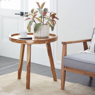 Elegant Round Teak Wood Side Table with Tripod Base - 25" Brown