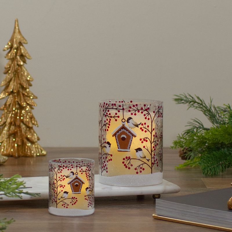 Northlight 5" Hand Painted Sparrows and Berries Flameless Glass Christmas Candle Holder, 2 of 7