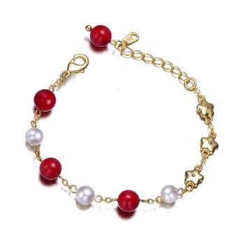 Guili 14k Yellow Gold Plated Adjustable Bracelet with Star Charms and Round Pearls for Kids