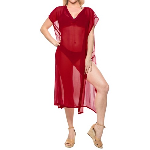 La Leela Women s Summer Vacation Beachwear Long Bathing Suit Short Beach Dress Front Tie Swimsuit Cover Ups For Women Small medium Red Solid Target