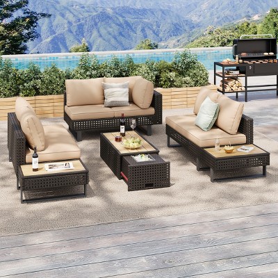 Whisen Diamond Weave Patio Sectional Furniture Set with Extendable Coffee Table, Collapsible Seat and Ice Bucket