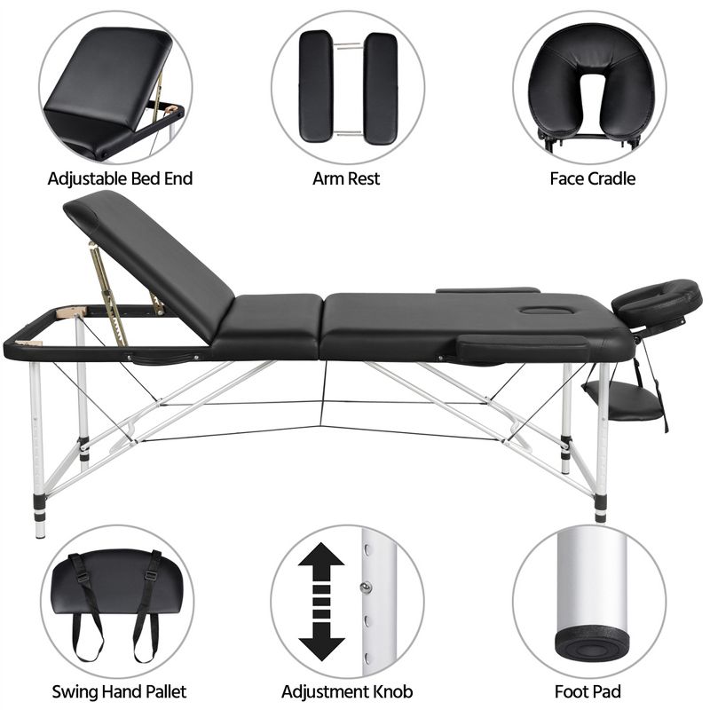 Yaheetech Portable Aluminium 3 Folding Massage Tables with Non-Woven Bag Black, 5 of 11