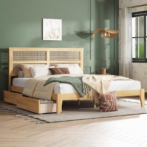 BABYYER Full Size Bed Frame with Rattan Headboard, Boho Platform Bed with Storage Underneath and Enhanced Support Slats and Feet - 1 of 4