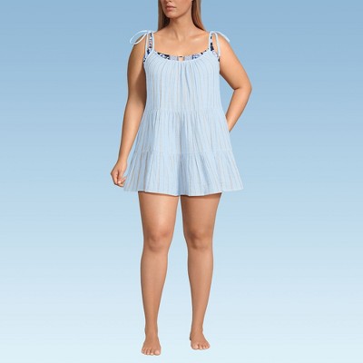 Lands' End Women's Cotton Gauze Metallic Tiered Mini Cover-up Dress