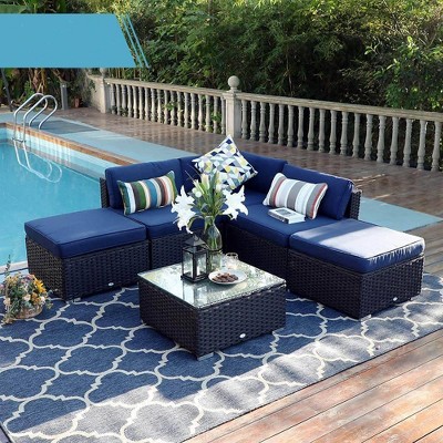 6pc Outdoor Rattan Wicker Sectional Sofa Set - Blue - Captiva Designs