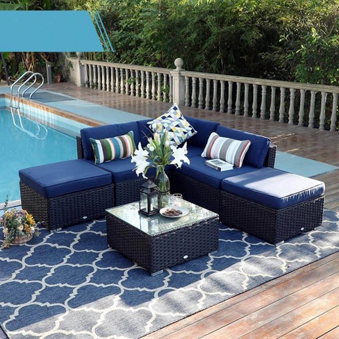Outdoor Rattan Sectional with Cushions – Blue – Captiva Designs For Sale