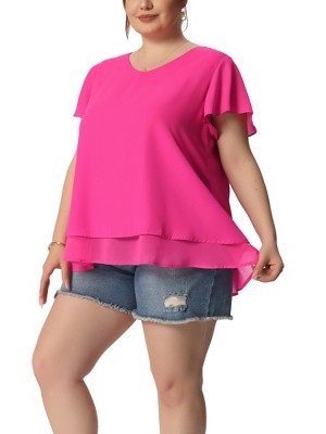 Agnes Orinda Women's Plus Size V Neck Short Flare Sleeve Double Layers Chiffon Casual Summer Blouses