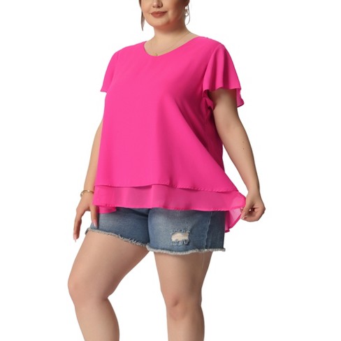 Agnes Orinda Women's Plus Size Casual Flare Sleeve Double Layers Chiffon  Blouse Hot Pink 4X