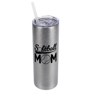 Elanze Designs Silvertone Sparkle 20 Ounce Double Wall Stainless Steel Glitter Travel Tumbler With Sliding Lid And Straw, Softball Mom - 1 of 4