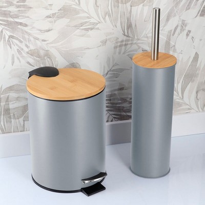 Evideco French Home Goods Bathroom Set with Bamboo Lid - Matte Metal Trash Can and Toilet Brush