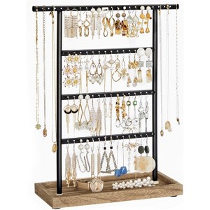 4-Tier Jewelry Organizer Stand with Base Tray, Vintage Style Display for Stud Earrings and Necklaces, Wood & Black - 1 of 4