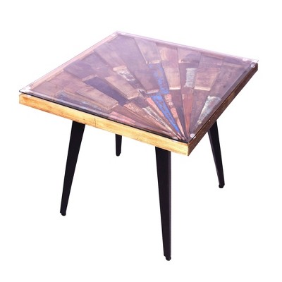 Square Wooden End Table with Sunburst Design Glass Inserted Top - The Urban Port