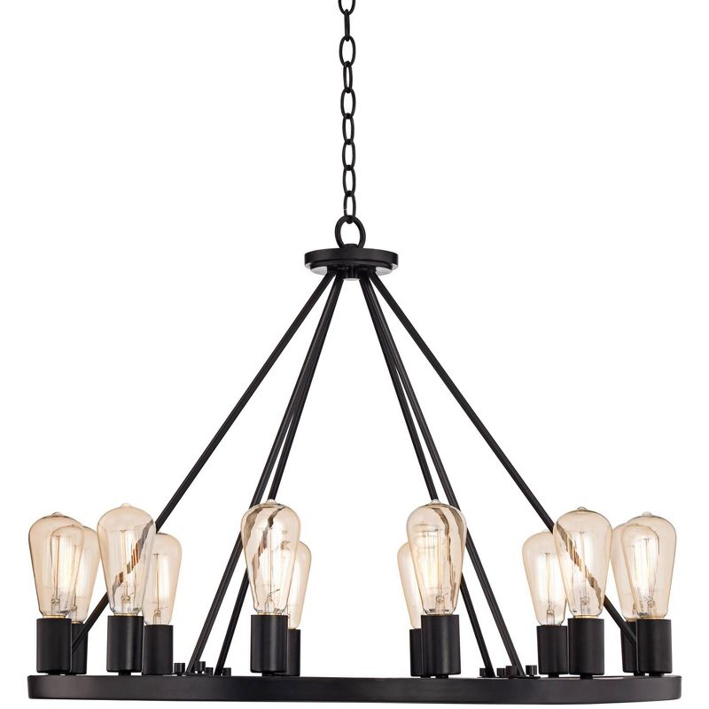 Franklin Iron Works Lacey Black Wagon Wheel Chandelier 28" Wide Industrial 12-Light LED Fixture for Dining Room House Foyer Kitchen Island Entryway, 1 of 11