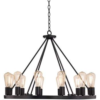 Franklin Iron Works Lacey Black Wagon Wheel Chandelier 28" Wide Industrial 12-Light LED Fixture for Dining Room House Foyer Kitchen Island Entryway