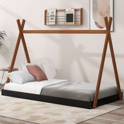 Twin Size Tent Floor Bed With X-shaped Wood Railings, Triangular Structure Twin Size House Bed, No Box Spring Required