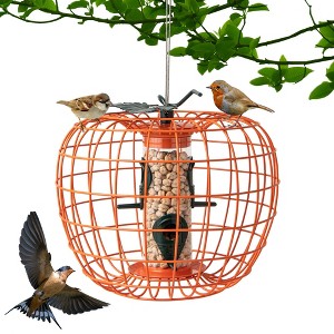 Costway Squirrel-Proof Pumpkin Bird Feeder with Cage 4 Metal Ports 4 Perches Drainage Hole Orange - 1 of 4