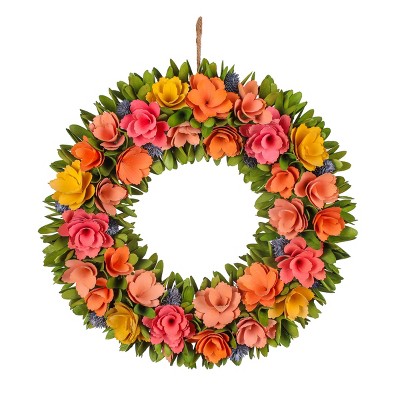 20-Inch Colorful Wood Curl Floral Fall Front Door Wreath w/ Thistle Ac -  One Holiday Way