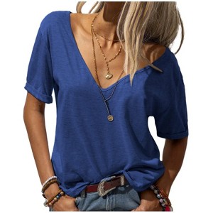 Imily Bela Womens T Shirt Deep V Neck Short Sleeve Casual Fit Basic Fashion Top - 1 of 4