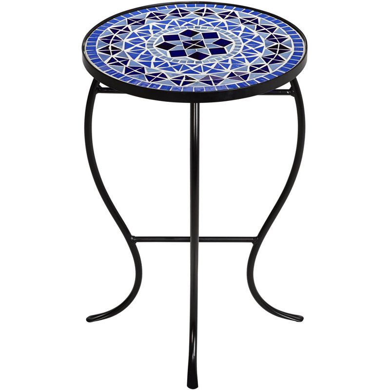 Teal Island Designs Modern Black Round Outdoor Accent Side Tables 14" Wide Set of 2 Light Blue Mosaic Tabletop Front Porch Patio Home House, 5 of 8