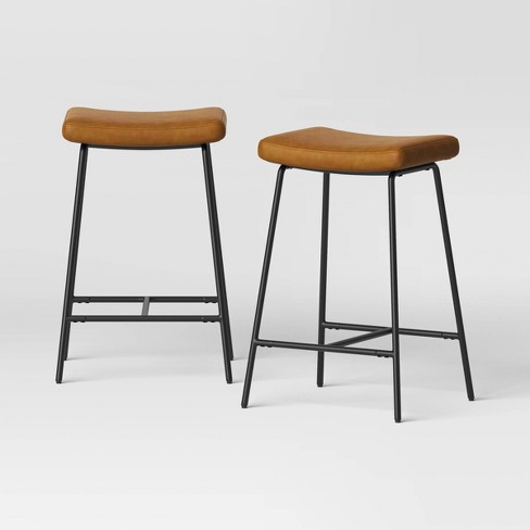 Bar Stools Set of popular 2 Black Leather Back Counter Height Pub Chairs Metal Padded Br