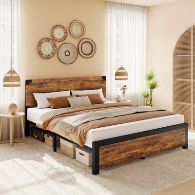 Homhougo Queen Size Bed Frame with Wood Headboard, Queen Platform Bed Frame Brown