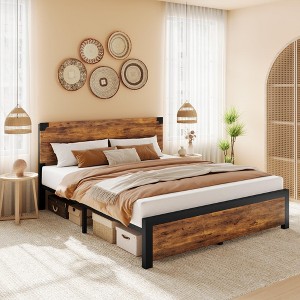 Homhougo Queen Size Bed Frame with Wood Headboard, Queen Platform Bed Frame Brown - 1 of 4