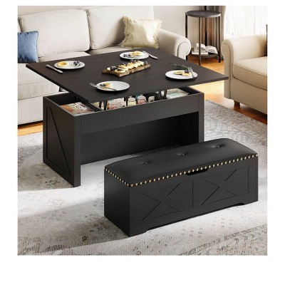 Farmhouse Living Room Center Lift Top Coffee Table Set with Storage Ottoman Bench with Hidden Compartment